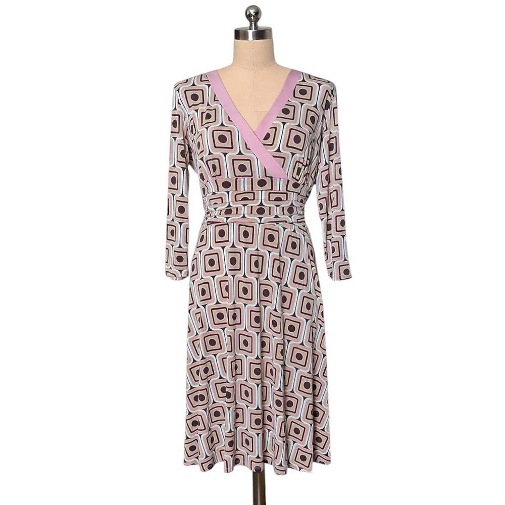 Vintage SANDRA DARREN 90's Y2K Retro print stretchy pink brown dress 14